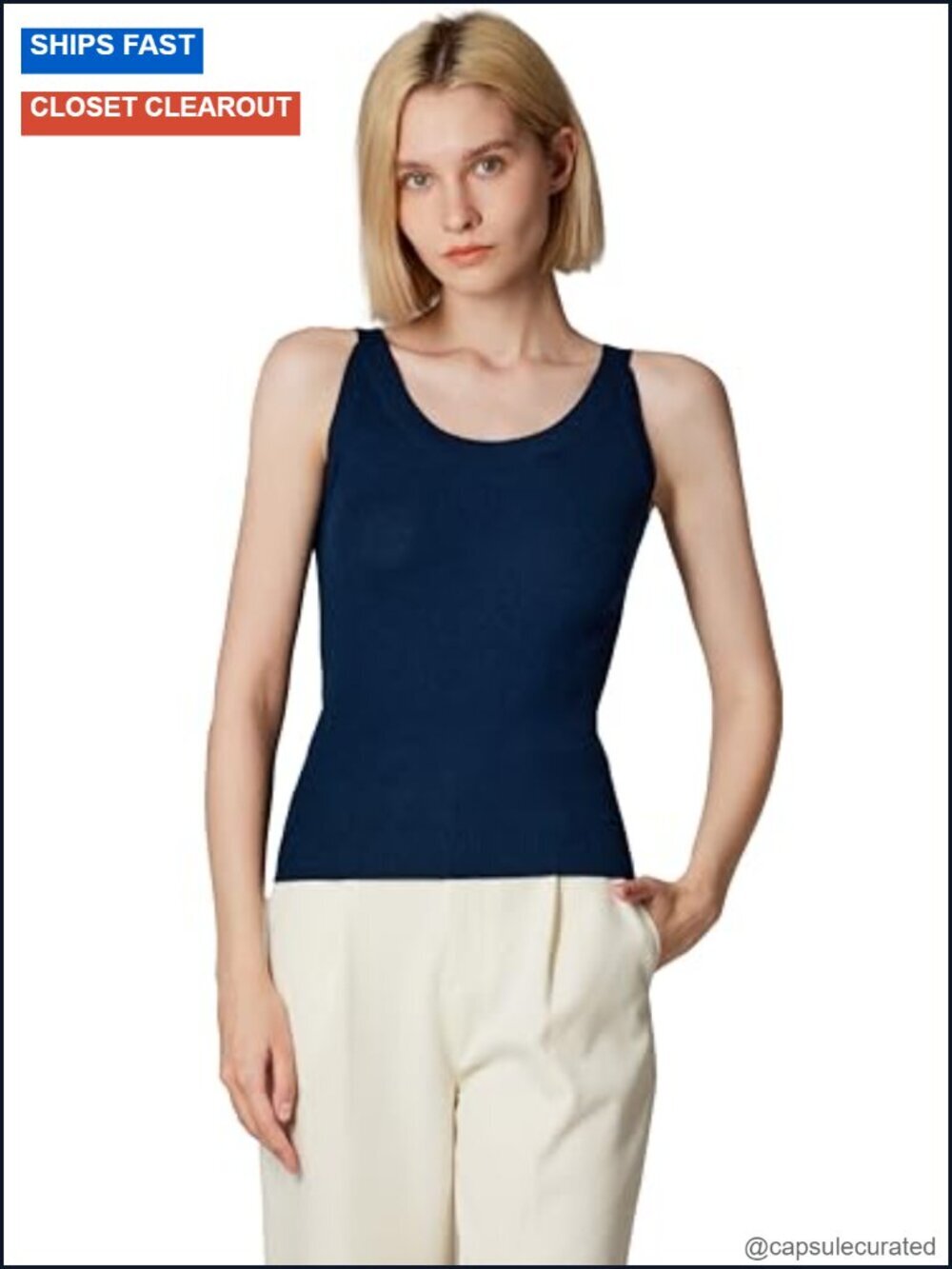 Merino Wool Silk Blend Ribbed Sleeveless Scoop Neck Tank